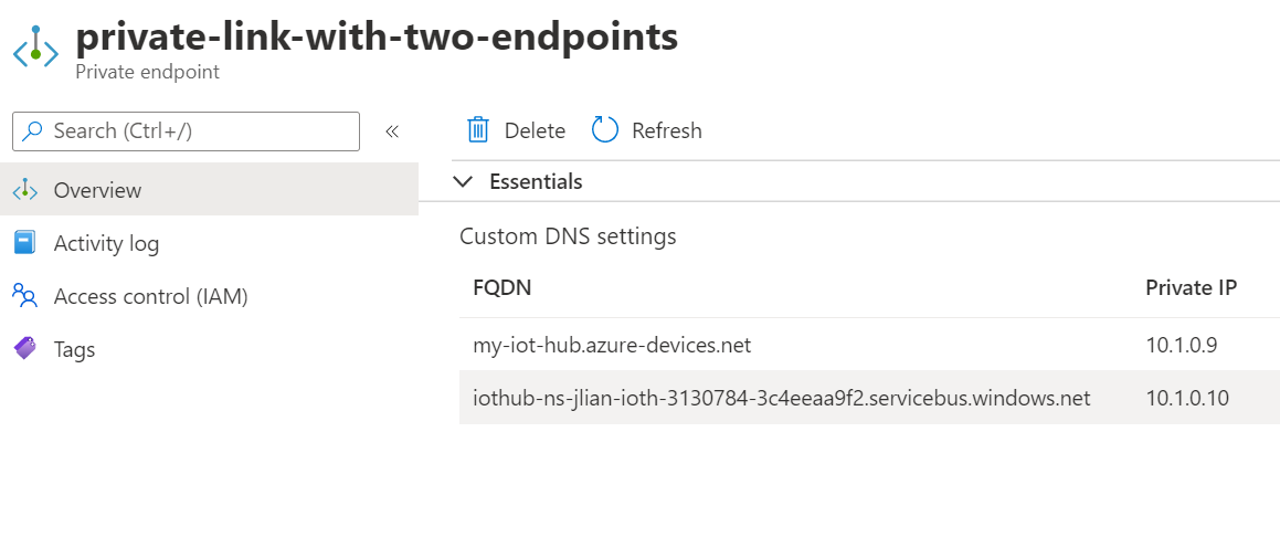 Screenshot che mostra due endpoint privati dati ogni collegamento privato hub IoT