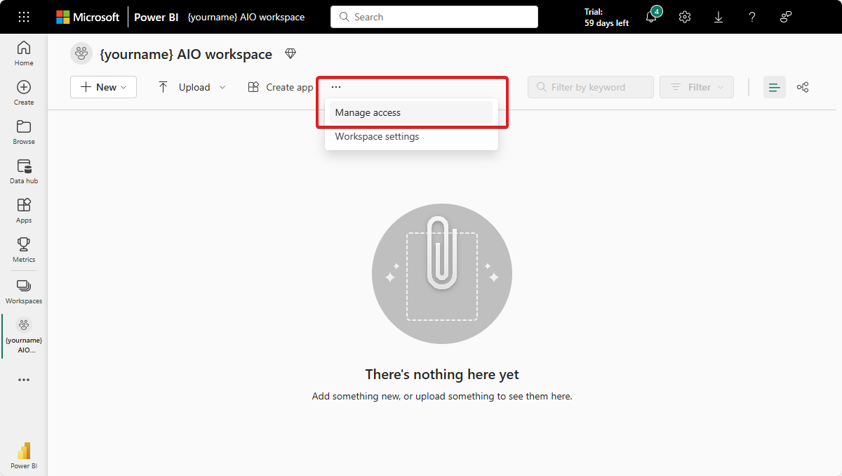 Screenshot that shows how to access the Manage access option in a workspace.