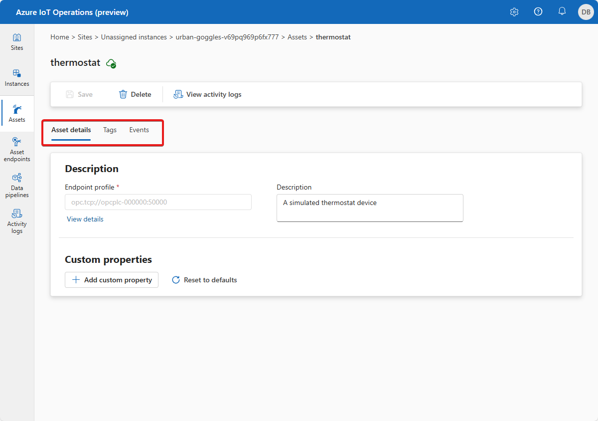 Screenshot che mostra come aggiornare un asset esistente nel portale di Azure IoT Operations (anteprima).