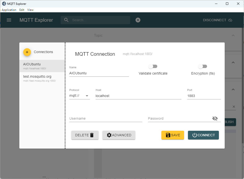 Screenshot che mostra la configurazione localhost di MQTT Explorer.