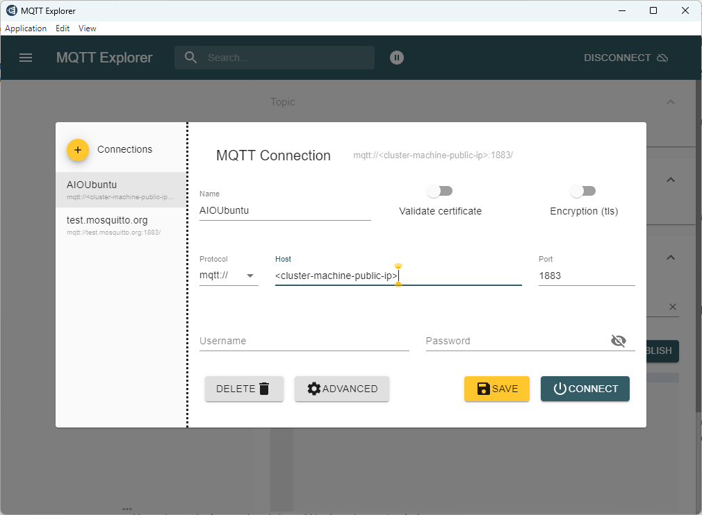 Screenshot che mostra la configurazione dell'host remoto di MQTT Explorer.