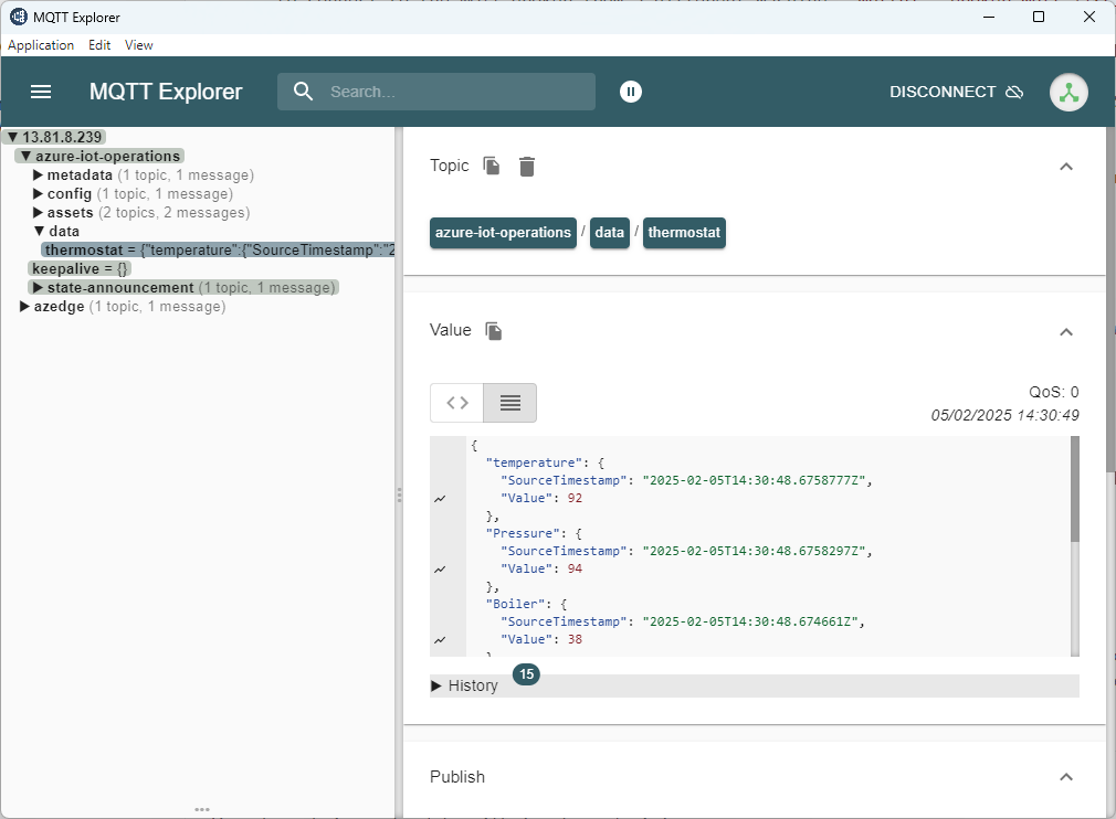 Screenshot che mostra gli argomenti relativi alle operazioni di Azure IoT sottoscritti da MQTT Explorer.