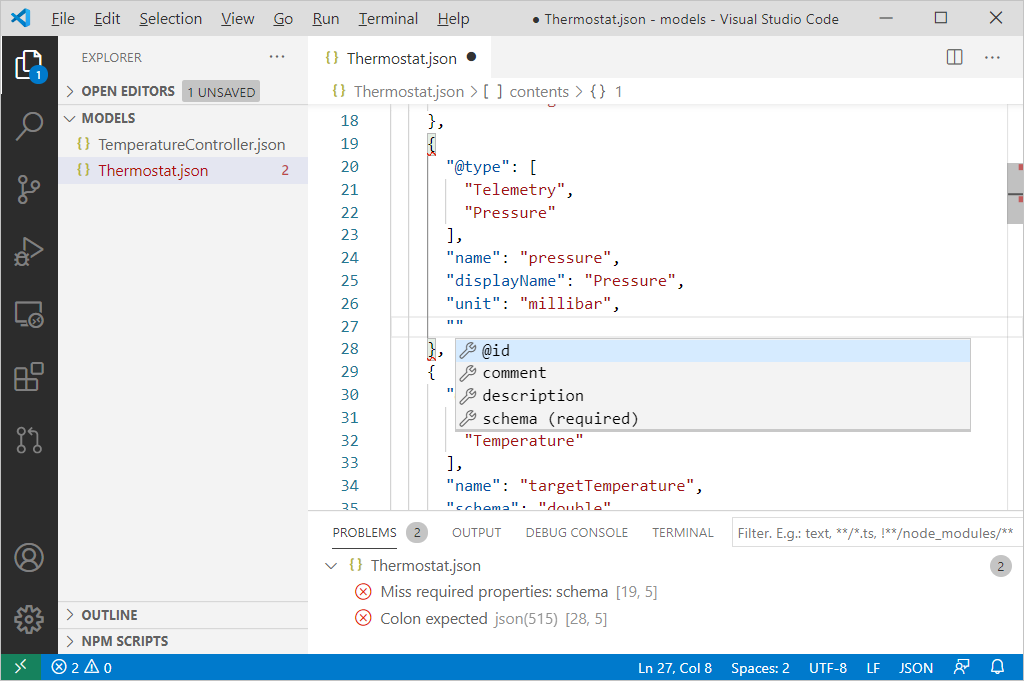 Screenshot che mostra intellisense per i modelli DTDL in VS Code.