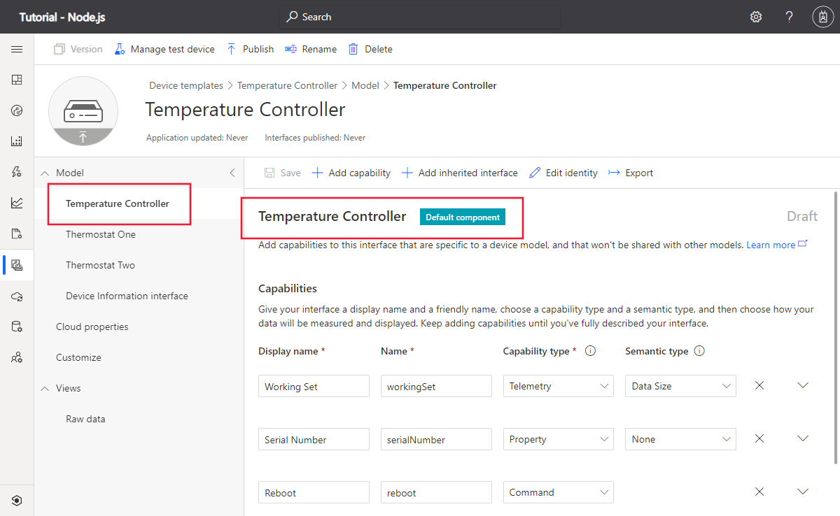 Screenshot che mostra il modello di dispositivo temperature controller in IoT Central.