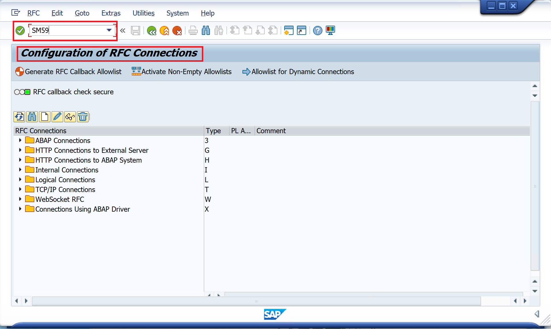 Screenshot che mostra la configurazione delle connessioni RFC e la ricerca di SM95.