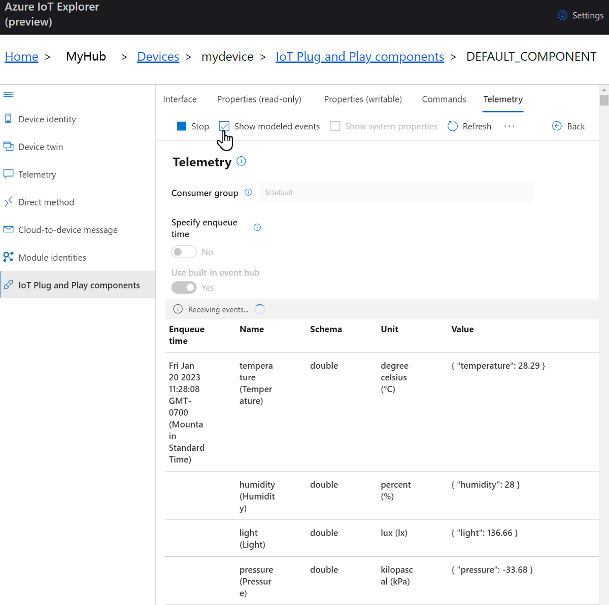 Screenshot degli eventi di telemetria modellati in IoT Explorer.