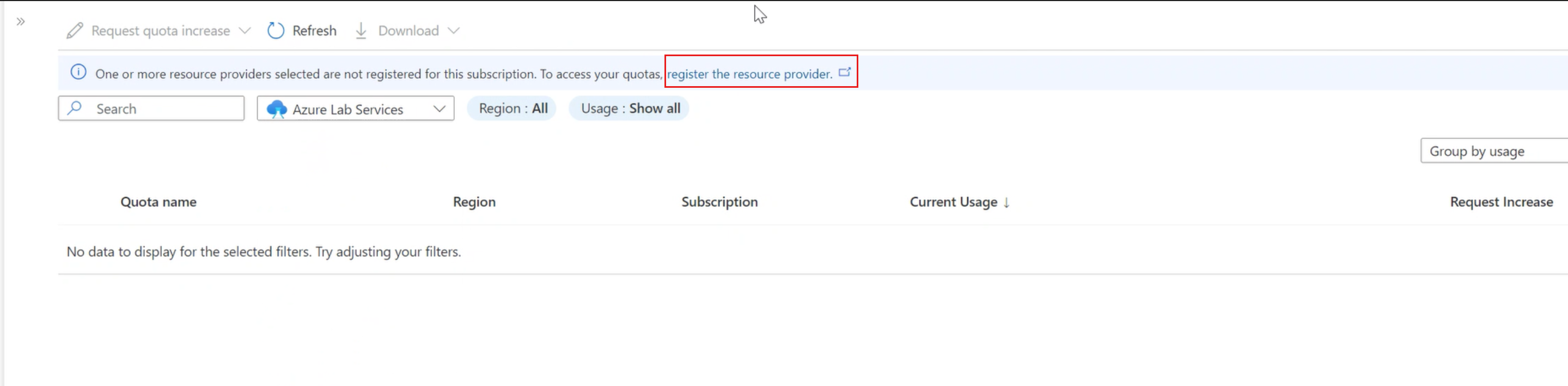 Screenshot che mostra la registrazione con il messaggio di servizio e il collegamento per registrare il provider di risorse in evidenzia.