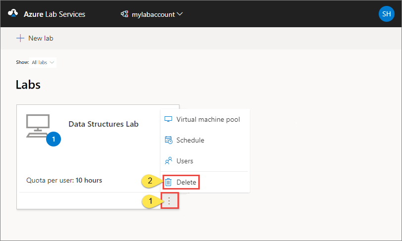 Screenshot che mostra l'elenco dei lab nel sito Web di Azure Lab Services, evidenziando il pulsante Elimina.