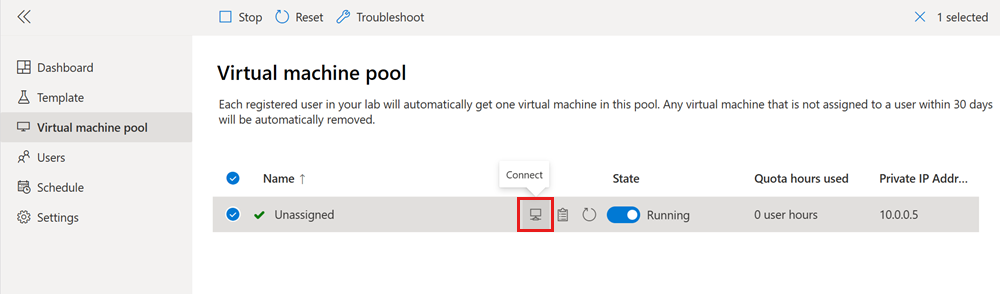 Screenshot that shows how to get the connection details for the lab VM in the list of virtual machines.