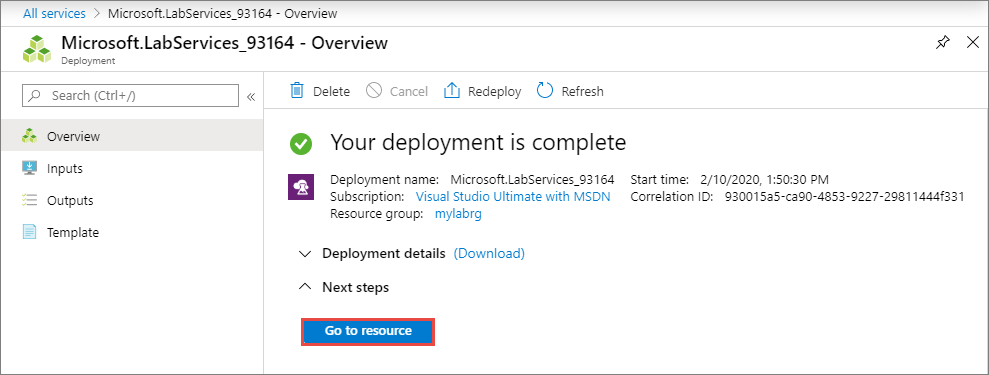 Screenshot that shows the resource deployment completion page in the Azure portal.