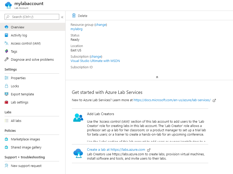 Screenshot that shows the lab account overview page in the Azure portal.