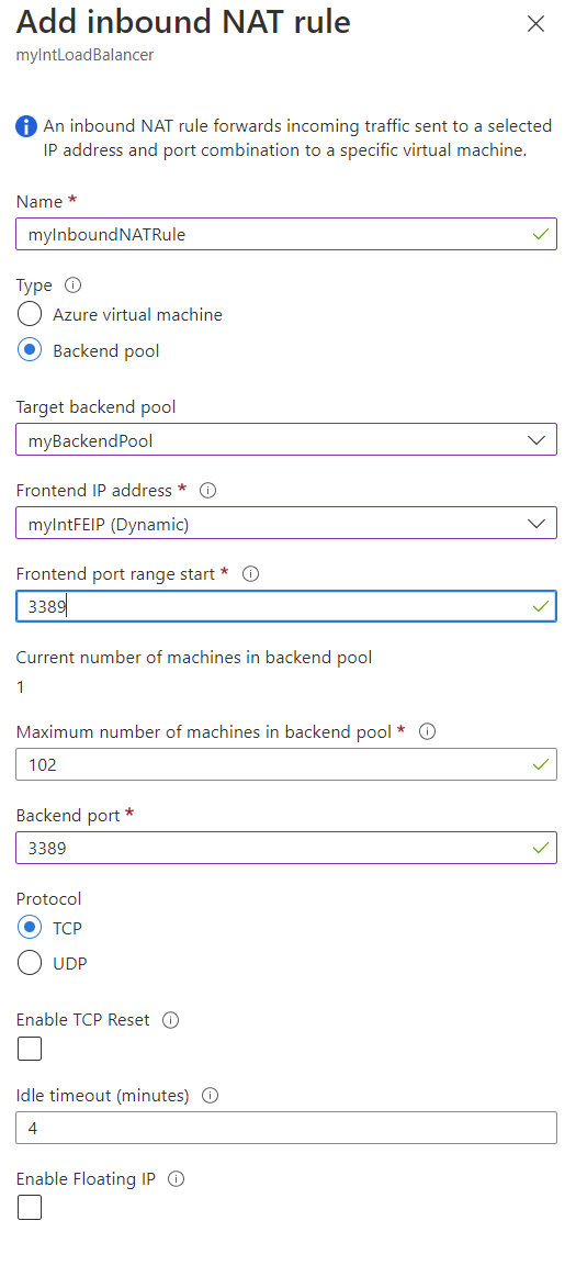 Screenshot of Add inbound NAT rule creation page for backend pool.