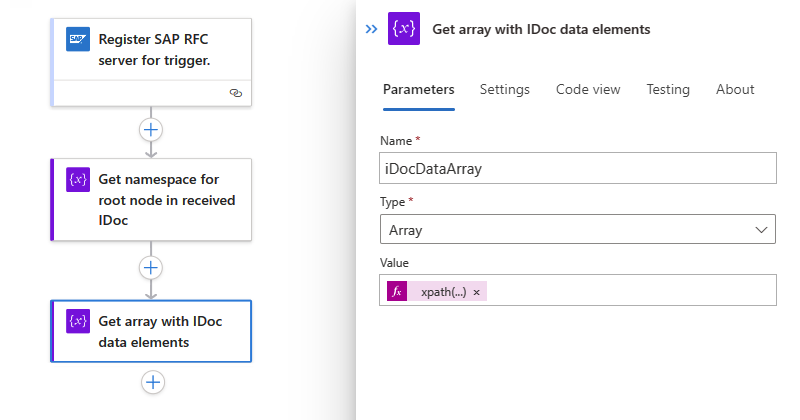 Screenshot che mostra il flusso di lavoro a consumo e l'azione con l'espressione per ottenere un array di IDocs.