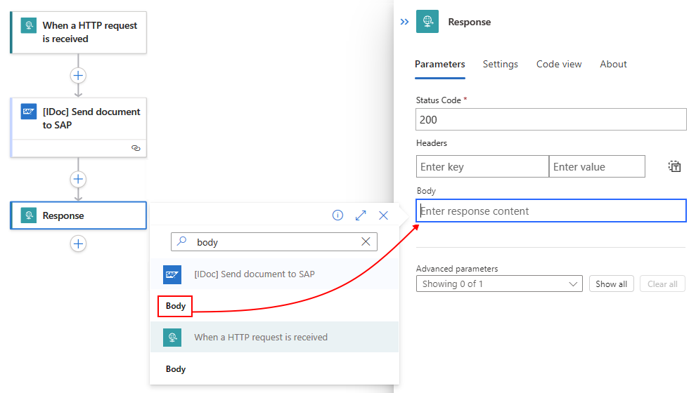 Lo screenshot mostra il workflow standard, l'azione di risposta, l'elenco di contenuti dinamici e l'output del corpo del messaggio selezionato dall'azione SAP.
