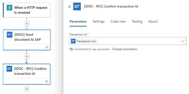Screenshot che mostra il flusso di lavoro a consumo con un'azione denominata Conferma ID transazione, che include l'output GUID dell'ID transazione dell'azione precedente.