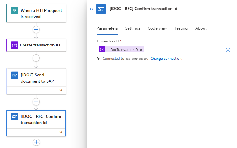Screenshot che mostra il flusso di lavoro a consumo con l'azione denominata Conferma ID transazione usando una variabile.