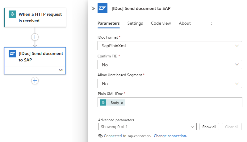 Screenshot che mostra il flusso di lavoro Standard e l'azione SAP completata.