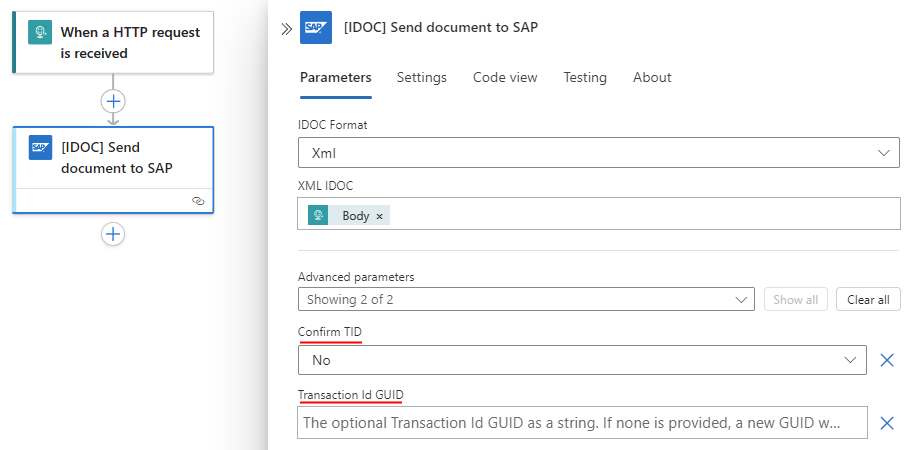 Screenshot che mostra il flusso di lavoro a consumo con l'azione denominata IDOC Invia documento a SAP.