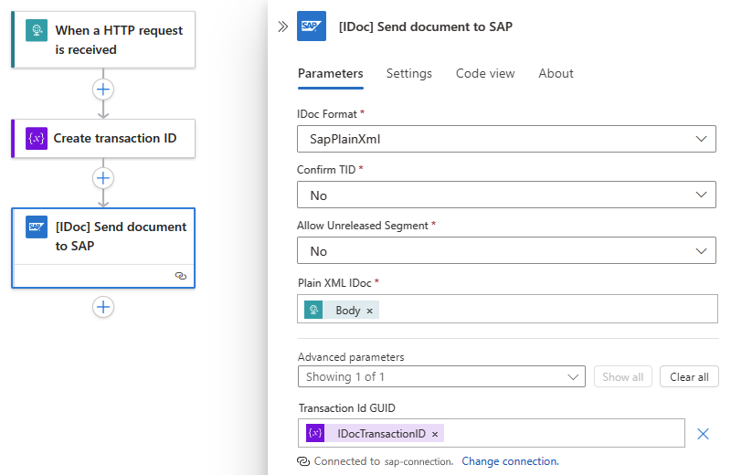 Screenshot che mostra il flusso di lavoro Standard con l'azione denominata IDoc Send document to SAP (Invia documento ADOC a SAP).