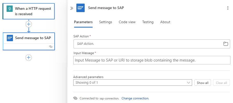 Screenshot che mostra il flusso di lavoro a consumo con un'azione del connettore gestito da SAP denominata Invia messaggio a SAP.