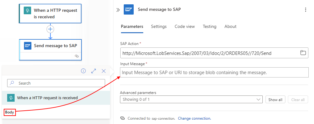 Screenshot che mostra il flusso di lavoro a consumo, l'azione denominata Invia messaggio a SAP e la casella Messaggio di input con l'elenco di contenuto dinamico e l'output del trigger di richiesta selezionato denominato Corpo.