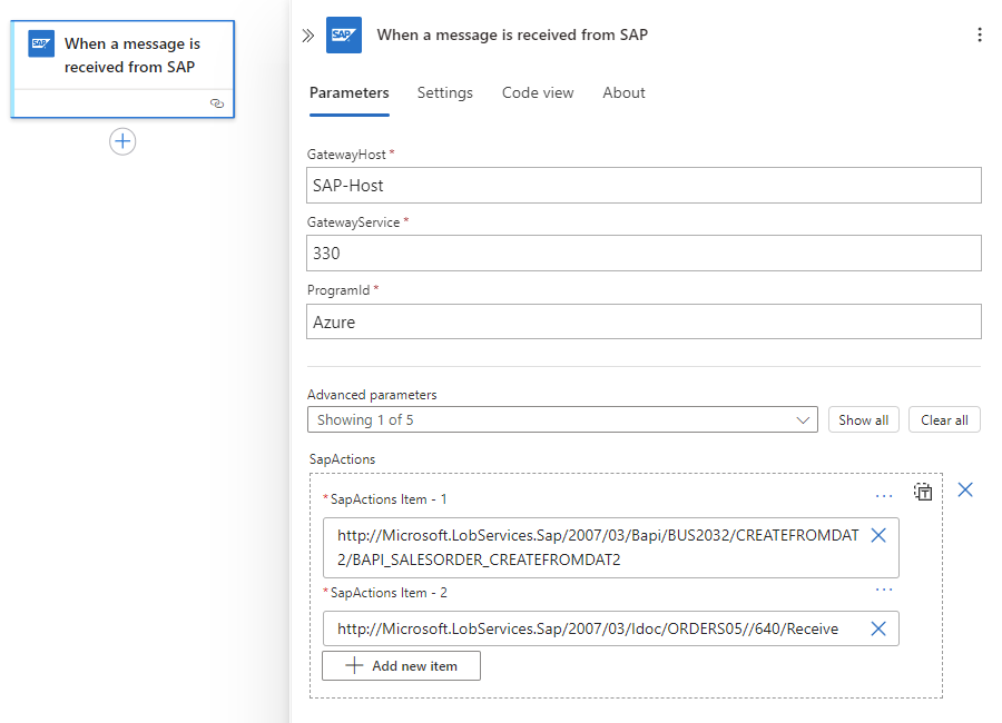 Screenshot che mostra il trigger del flusso di lavoro e il connettore gestito da SAP che riceve più messaggi.