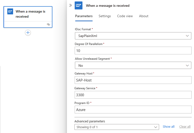Screenshot che mostra il flusso di lavoro Standard e il trigger del connettore integrato SAP configurato al minimo.