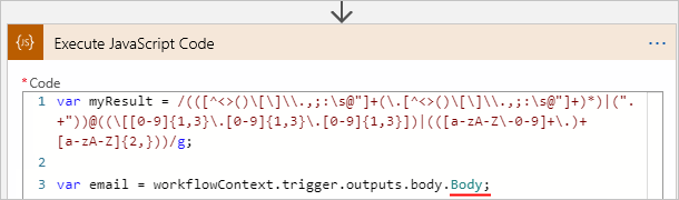 Screenshot che mostra il flusso di lavoro dell'app per la logica a consumo, l'azione Esegui codice JavaScript e la proprietà 