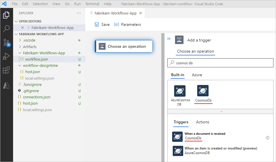 Screenshot che mostra Visual Studio Code e la finestra di progettazione per un flusso di lavoro dell'app per la logica Standard con il nuovo connettore predefinito di Azure Cosmos DB.