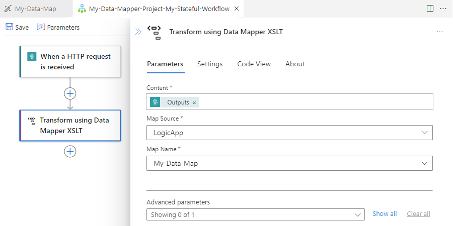 Screenshot shows Visual Studio Code, Standard workflow designer, with selected action named Transform using Data Mapper XSLT and action properties.