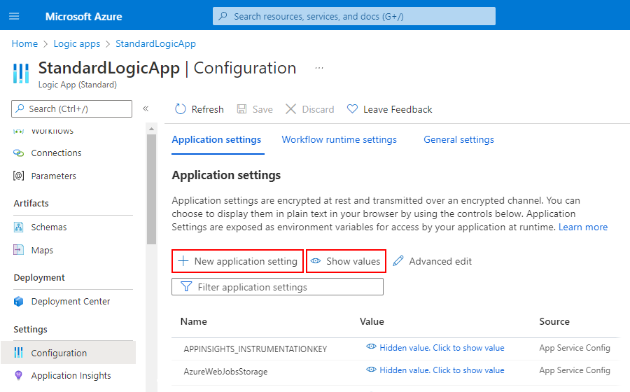 Screenshot che mostra la portale di Azure e il riquadro di configurazione con le impostazioni e i valori dell'app per un'app per la logica Standard.