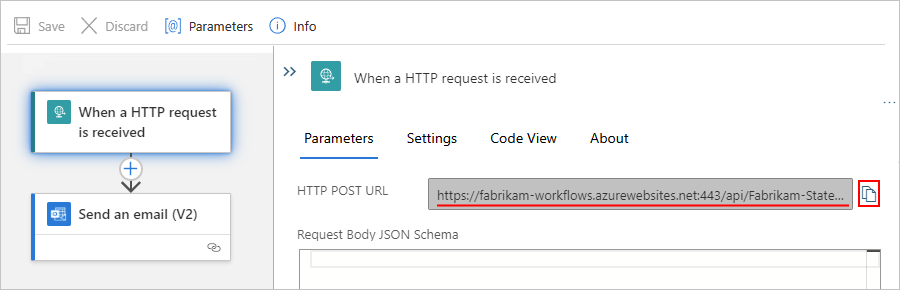 Screenshot che mostra la finestra di progettazione con il trigger di richiesta e l'URL dell'endpoint nella proprietà 