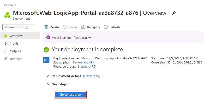 Screenshot che mostra portale di Azure e la distribuzione completata.