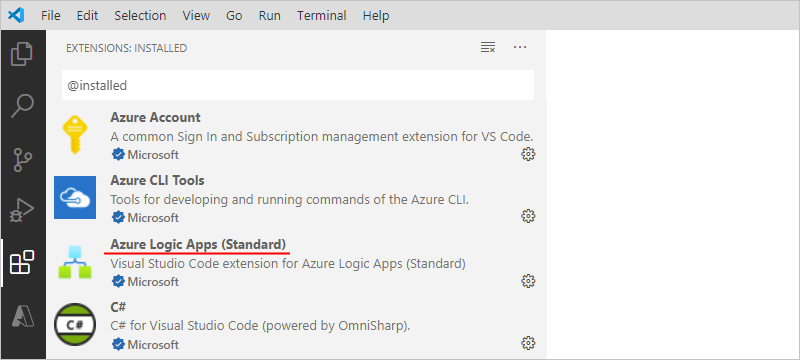 Screenshot che mostra Visual Studio Code con l'estensione App per la logica di Azure (Standard) installata.