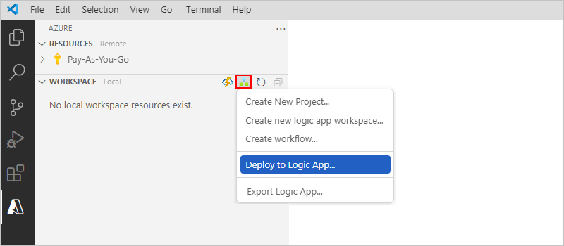 Screenshot che mostra la finestra di Azure con la barra degli strumenti dell'area di lavoro e il menù di scelta rapida di App per la logica di Azure con l'opzione Implementare nell'app per la logica selezionata.