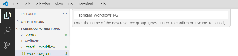 Screenshot che mostra il riquadro Explorer e la casella del nome del gruppo di risorse.