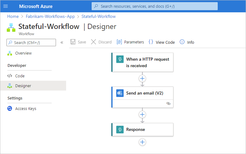 Screenshot che mostra la finestra di progettazione del flusso di lavoro e il flusso di lavoro implementati da Visual Studio Code.