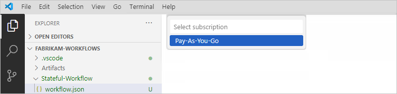 Screenshot che mostra il riquadro Explorer con l'elenco denominato Seleziona sottoscrizione, e una sottoscrizione selezionata.