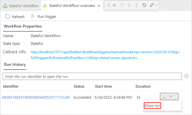 Screenshot che mostra la riga della cronologia di esecuzione del flusso di lavoro con il pulsante corrispondente ai puntini di sospensione selezionato e Mostra esecuzione.