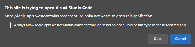 Screenshot che mostra la richiesta di aprire un collegamento per Visual Studio Code.