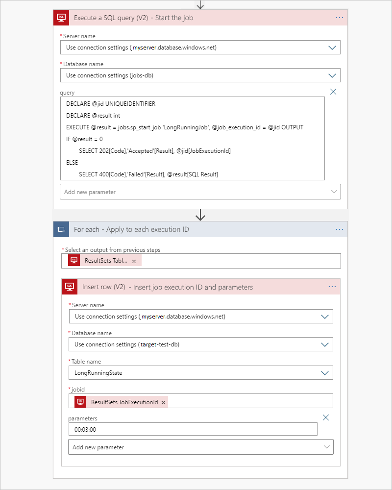 Screenshot che mostra le azioni da usare per avviare il processo e passare parametri alla stored procedure.