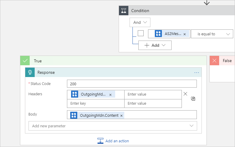 Screenshot che mostra la finestra di progettazione multi-tenant e l'espressione risolta per accedere a MDN AS2.