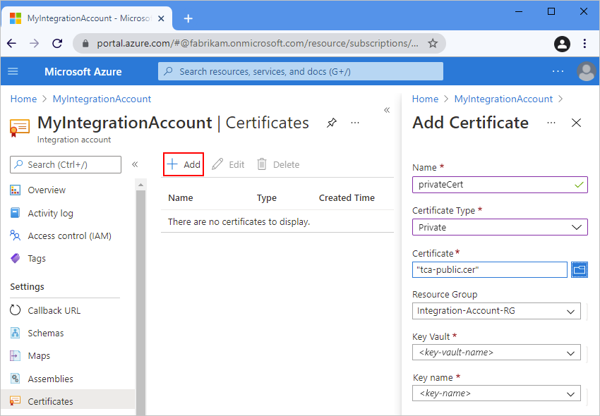 Screenshot che mostra l'portale di Azure e l'account di integrazione con l'opzione 