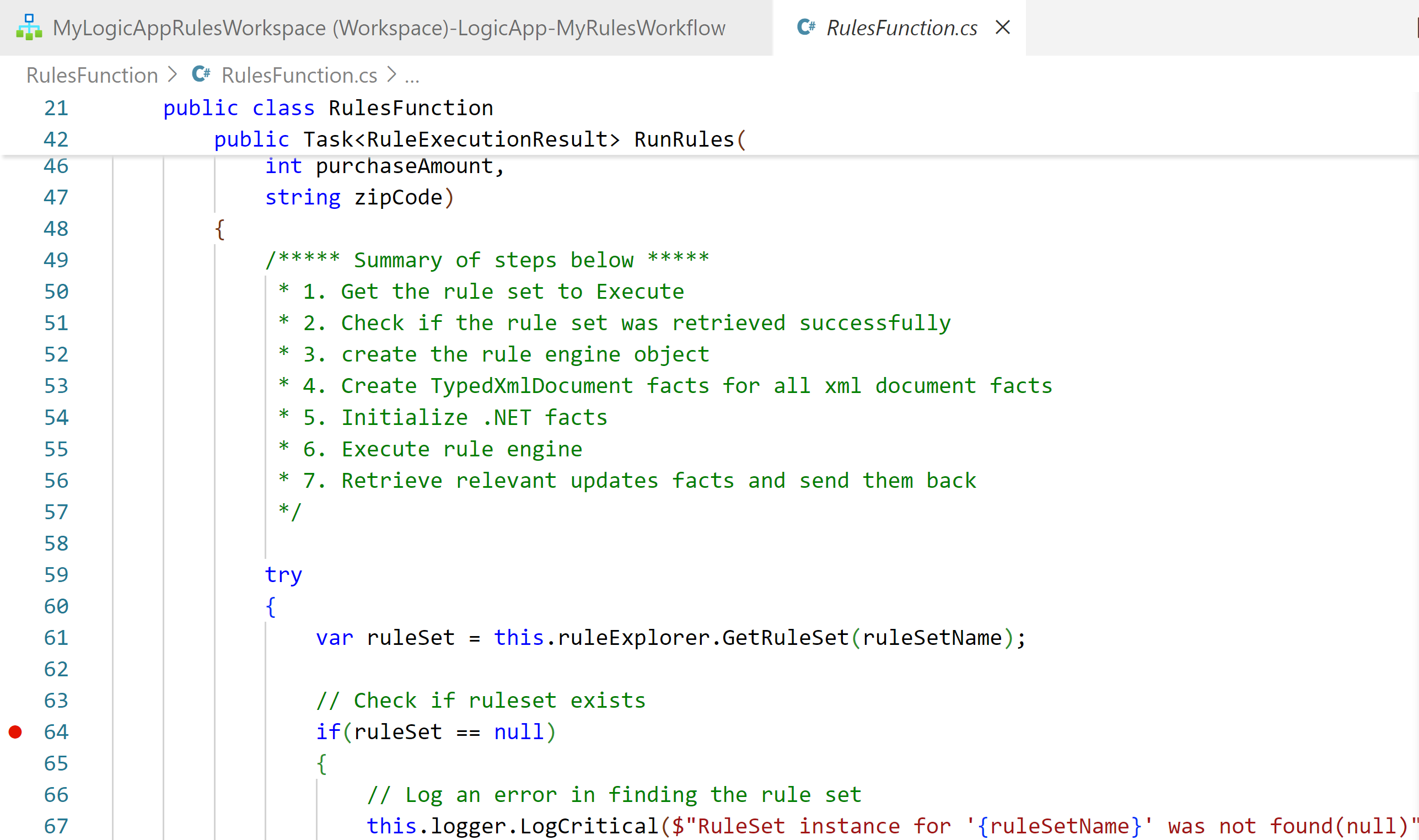 Screenshot che mostra Visual Studio Code e il file di codice della funzione aperto con un punto di interruzione impostato per una riga nel codice.