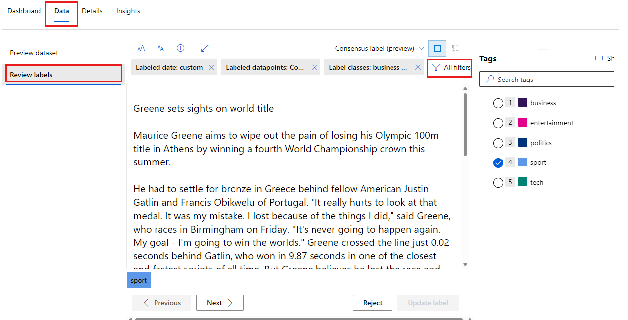 Screenshot che mostra come selezionare i filtri per esaminare i problemi relativi alle etichette di consenso.