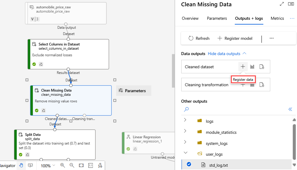 Screenshot che mostra come passare all'opzione Registra set di dati