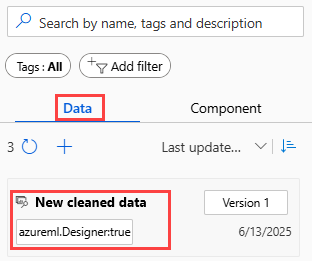 Screenshot che mostra la posizione dei set di dati salvati nella tavolozza della finestra di progettazione