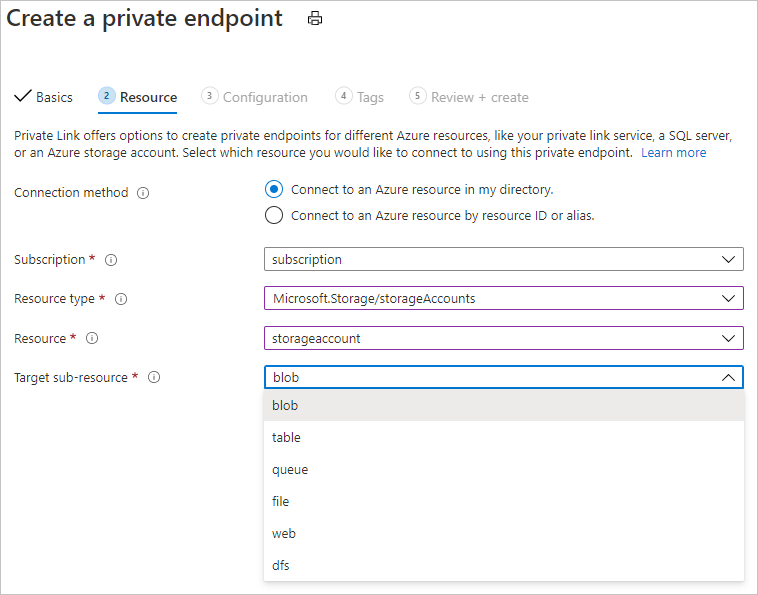 Screenshot che mostra la pagina di configurazione dell'endpoint privato con le opzioni BLOB e file
