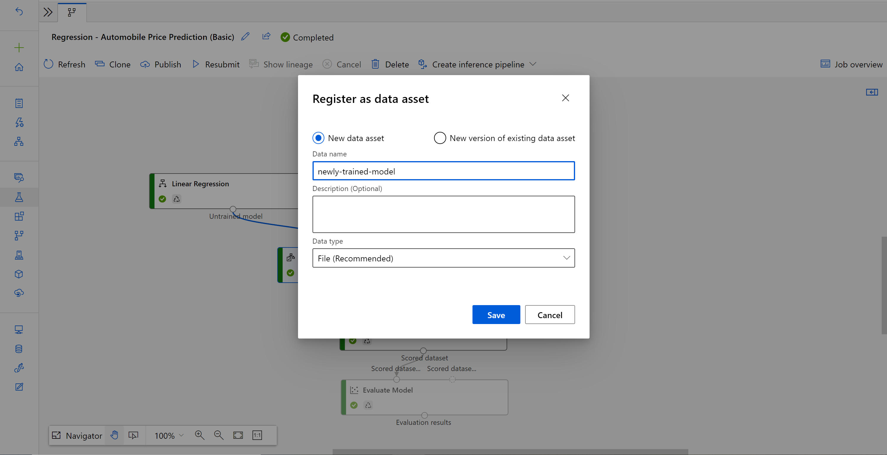 Screenshot della registrazione come asset di dati con il nuovo asset di dati selezionato.
