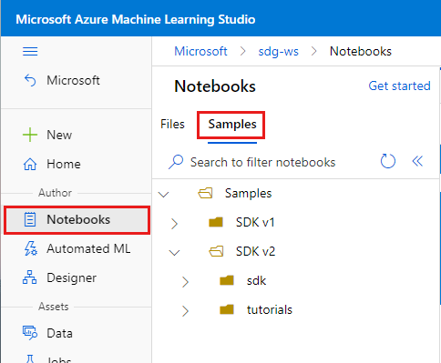 Screenshot che mostra i notebook di esempio.